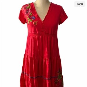 Johnny Was Red Tiered Embroidered Cotton Dress Sz 1X Smocked Waist & Neck